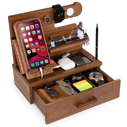 The Horizon Station - Wood Phone Docking Station with Drawer - Nightstand Organizer - (Beige)