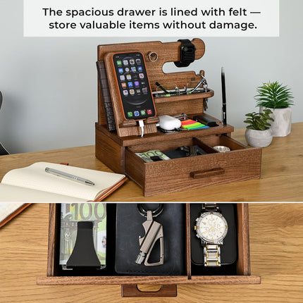 The Horizon Station - Wood Phone Docking Station with Drawer - Nightstand Organizer - (Beige)