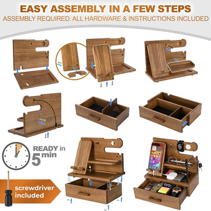 The Horizon Station - Wood Phone Docking Station with Drawer - Nightstand Organizer - (Beige)