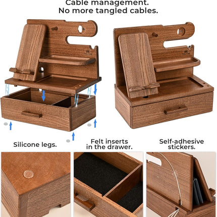 The Horizon Station - Wood Phone Docking Station with Drawer - Nightstand Organizer - (Beige)
