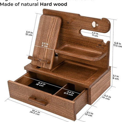 The Horizon Station - Wood Phone Docking Station with Drawer - Nightstand Organizer - (Beige)