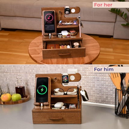 The Horizon Station - Wood Phone Docking Station with Drawer - Nightstand Organizer - (Beige)